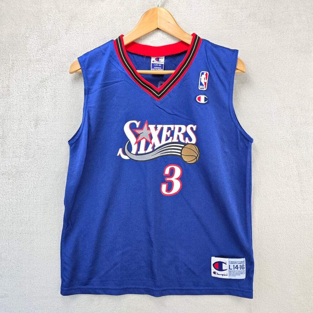 Vintage 90s Philadelphia 76ers Allen Iverson Jersey Boys L Blue Champion NBA #3